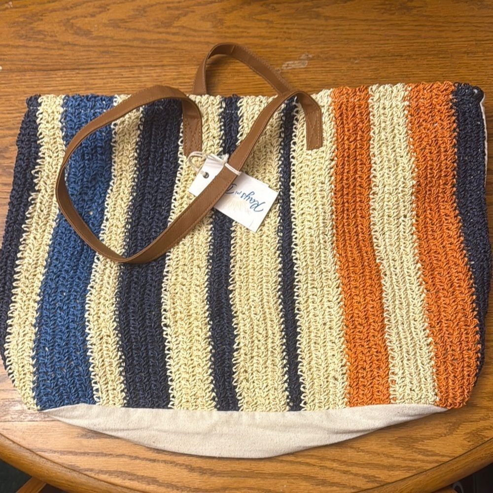 Striped Crochet Tote with Brown Straps - Navy, Blue, Cream & Orange